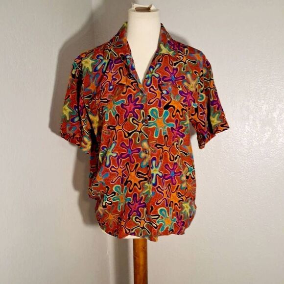 Y.LE.V Vtg Silk Vibrant Abstract Women's Button Down Shirt Size 8 - Picture 1 of 9